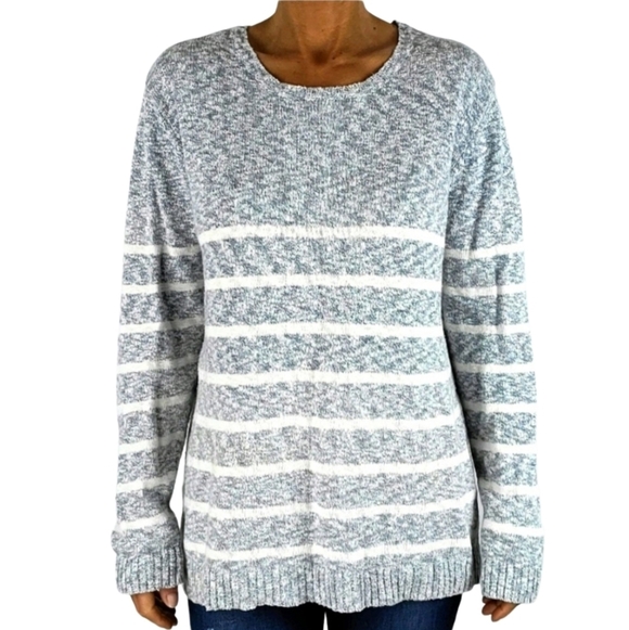 Pull&Bear Sweaters - Pull&Bear Long Sleeve Scoop Neck Sweater Size X Large Grey White Striped